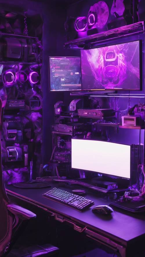 A black and purple themed PC gaming setup featuring high-end hardware components.