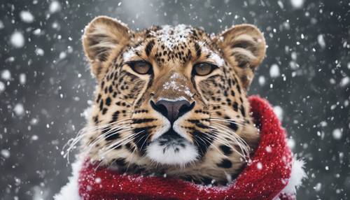 Um leopardo formal comemorando o Natal, usando um lenço vermelho festivo e aproveitando a neve.