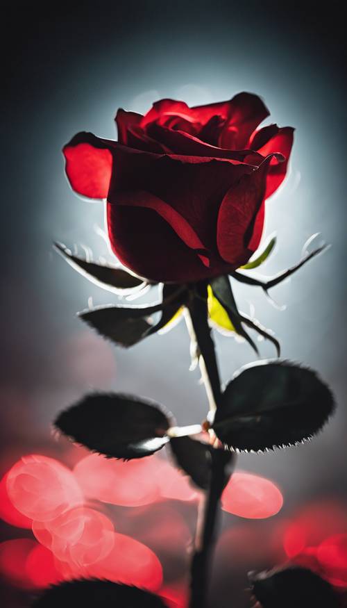 Одинокая яркая красная роза, цветущая на черном как смоль фоне.