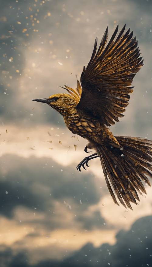 A distinctive dark gold bird with intricately patterned feathers, in flight against a stormy sky.