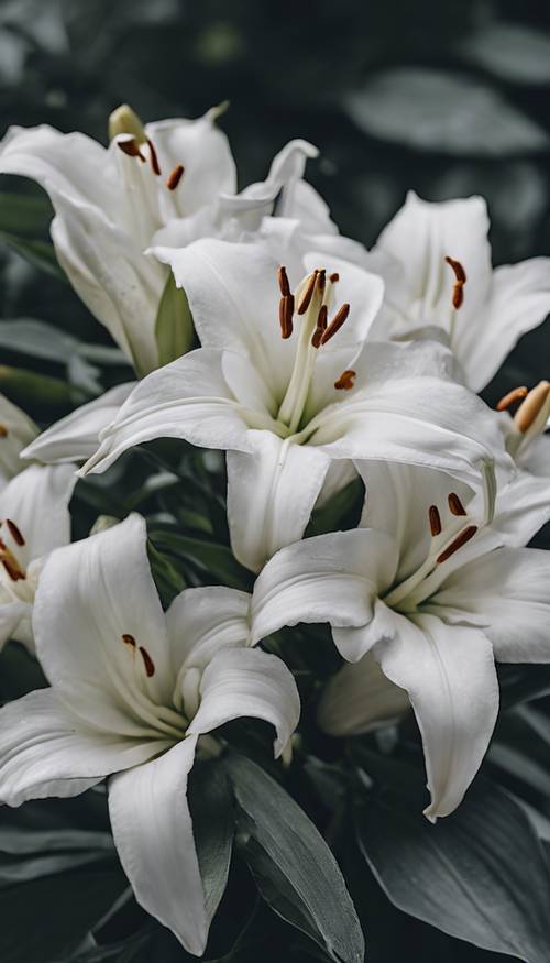 Buket bunga lili putih yang elegan terletak di antara dedaunan abu-abu.