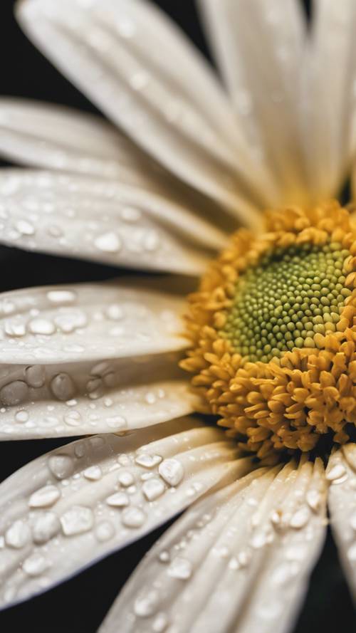 A macro shot of a daisy's yellow center, highlighting the intricate patterns and textures.