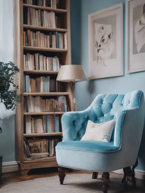 A pastel blue velvet armchair in a cozy reading nook with books stacked around.