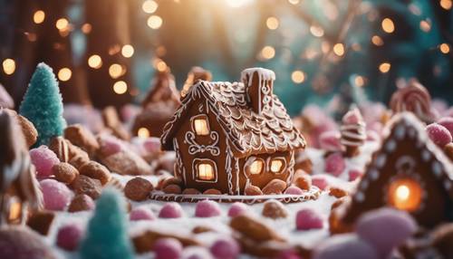 Fairytale landscape of a gingerbread house in a candy forest. Tapet [d5e07b18b9f5444cb1d9]