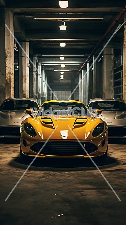 Cool Yellow and Silver Sports Cars in a Garage Sfondo[1d565ee02f2b4426a1e4]