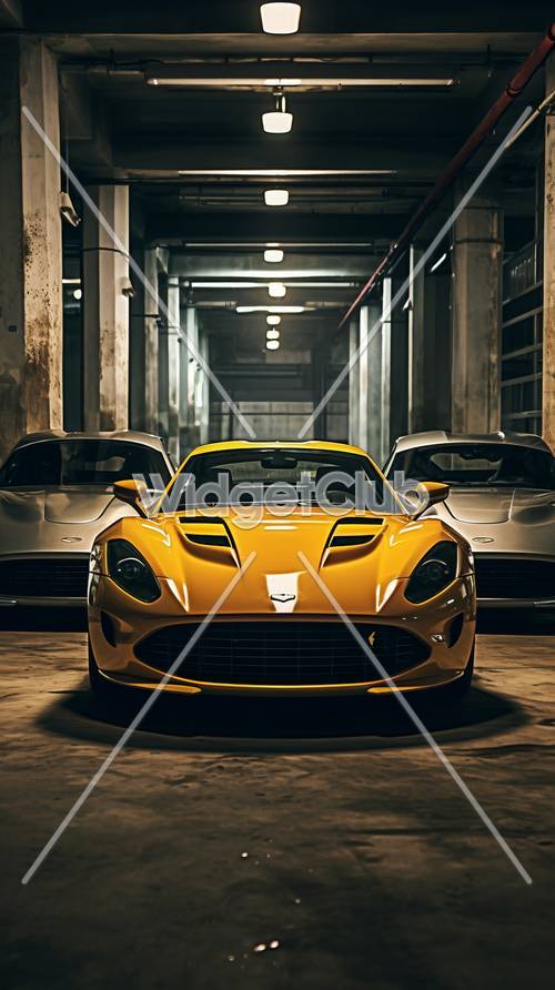 Geniales autos deportivos amarillos y plateados en un garaje