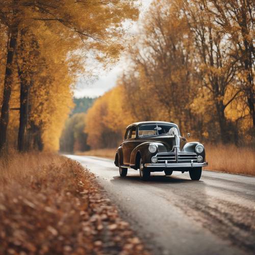 A vintage car driving along a country road flanked with fall colors.