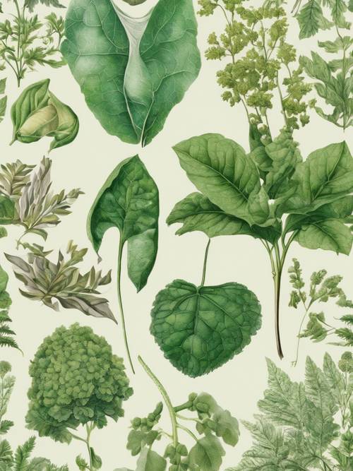 Illustrazioni botaniche vittoriane con una varietà di specie di foglie verdi.