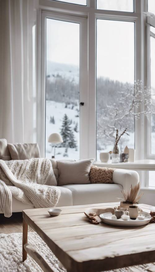 A bright and cozy Scandinavian living room with a white sofa, knitted throw blankets, and a minimalist coffee table set near a large window displaying a snow covered landscape beyond.