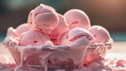 Satu sendok es krim berwarna merah muda pastel meleleh di bawah sinar matahari musim panas.