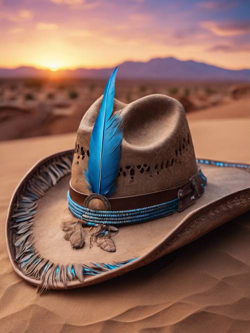 Un robusto cappello da cowboy marrone ornato da una piuma blu, sullo sfondo di un tramonto nel deserto.