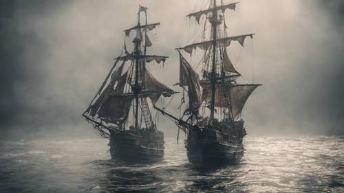 Statek piracki z czarnymi żaglami płynący po mglistych wodach.