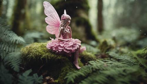 Uma fada rosa solitária sentada contemplando um cogumelo em uma floresta repleta de samambaias e musgo.