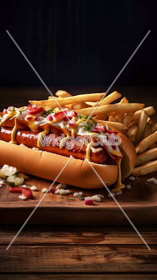 Delizioso banchetto con hot dog e patatine fritte