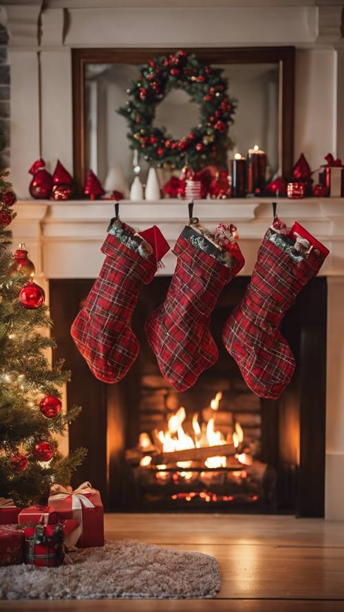 Red plaid Christmas stockings hanging in front of a fireplace.