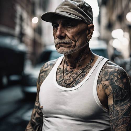 Um veterano grisalho da máfia mostrando cicatrizes e tatuagens, envolto na escuridão.