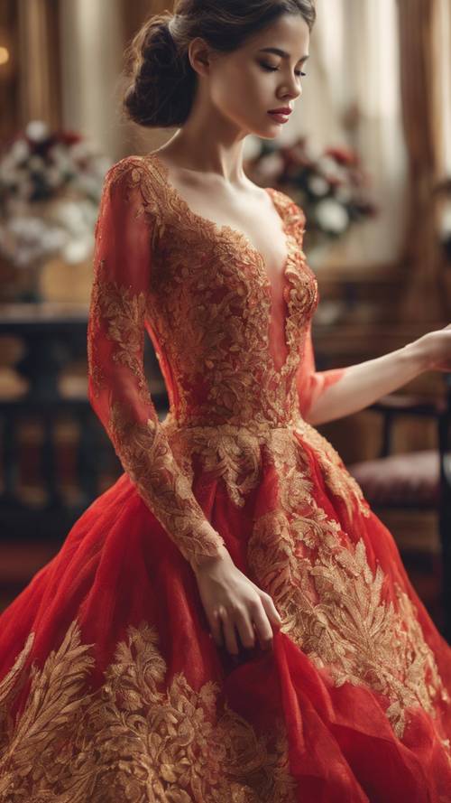 A richly textured red organza dress with intricate gold embroideries