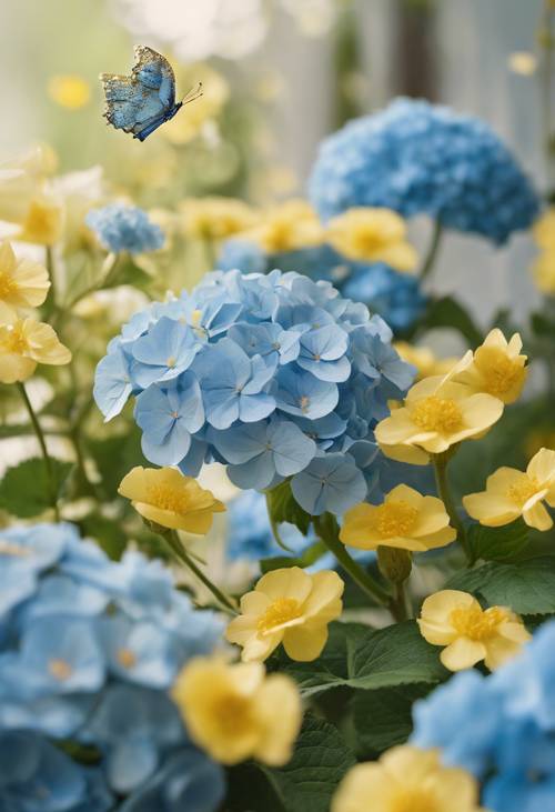 Kojący wzór niebieskich hortensji i miękkich żółtych jaskierów z małymi motylkami fruwającymi w duchu Cottagecore.