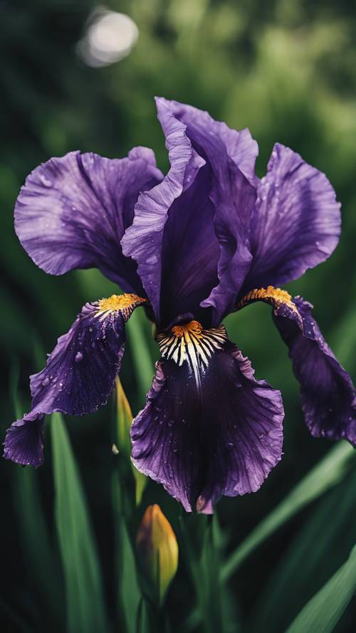 Un único iris púrpura en plena floración, rodeado de hojas de color verde oscuro.