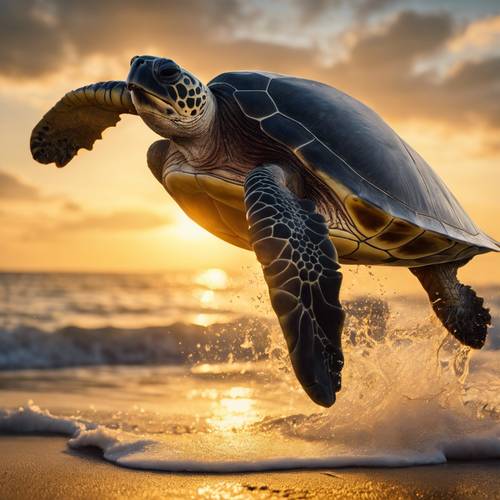 Uma tartaruga marinha verde-oliva sendo solta no oceano ao pôr do sol, sua carapaça brilhando na luz dourada.