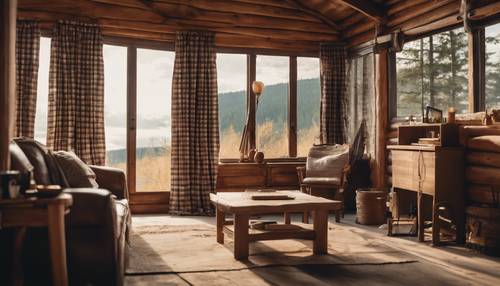A rustic cabin with brown plaid curtains and wood furniture.