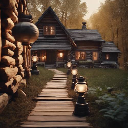 An inviting path illuminated by antique lanterns on both sides, leading up to a charming log house. Taustakuva [d36ad18da9ed418c8961]