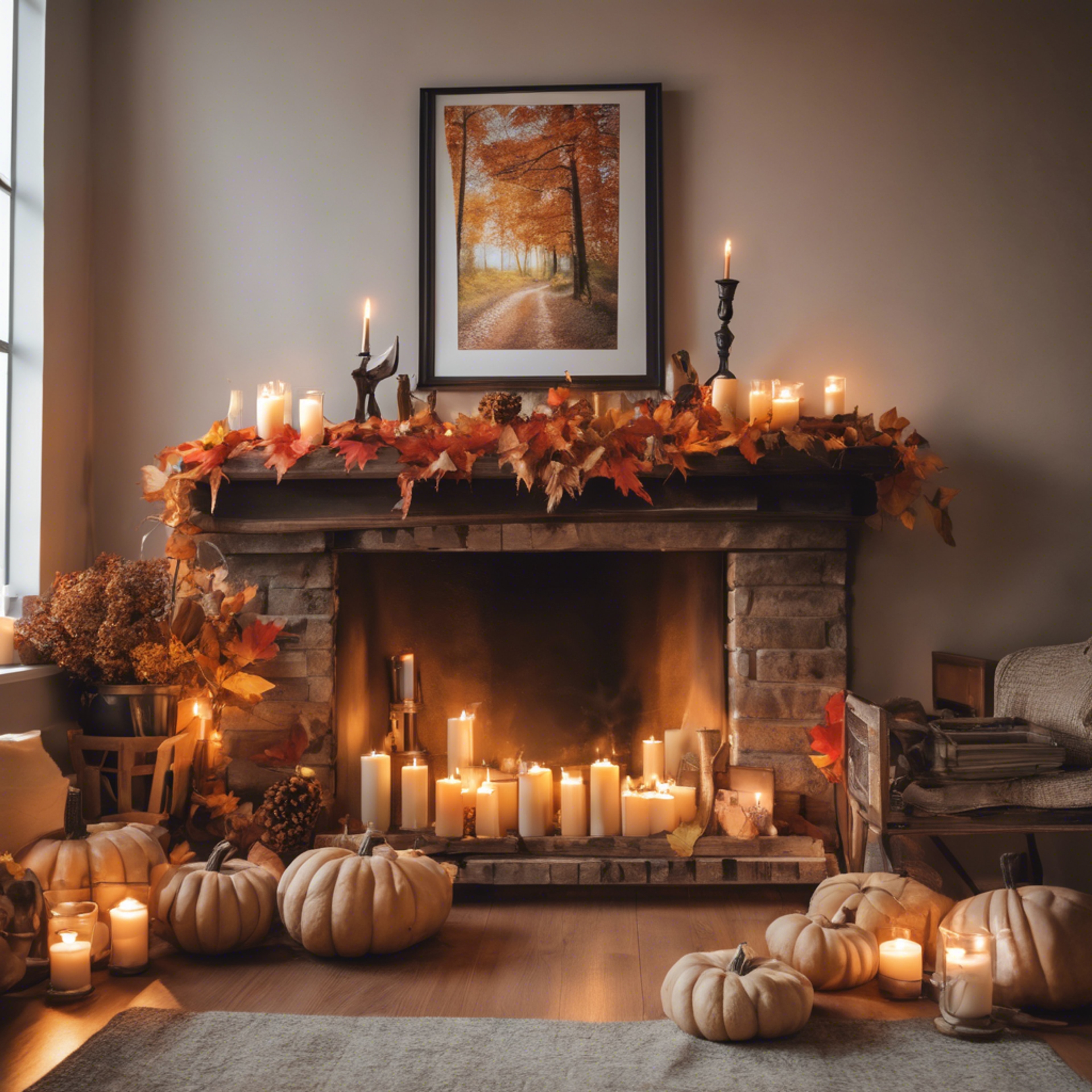 A rustic fireplace mantel tastefully decorated with candles, autumn leaves, and family photos for Thanksgiving.壁紙[94ed970113ad405badeb]
