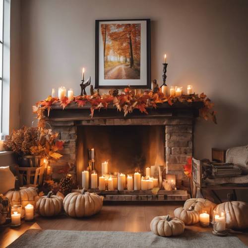 A rustic fireplace mantel tastefully decorated with candles, autumn leaves, and family photos for Thanksgiving.