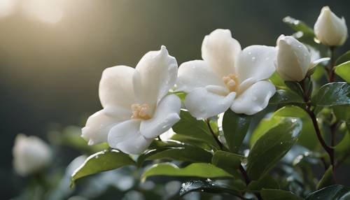 A close up of a dew-kissed gardenia in a serene morning, celebrated in ancient Chinese poetry.
