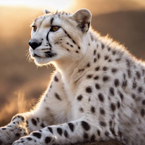 A white cheetah, alert and focused, observing its pray from a distance, in the color breaking dawn ផ្ទាំង​រូបភាព [4516755f94f744a983ae]