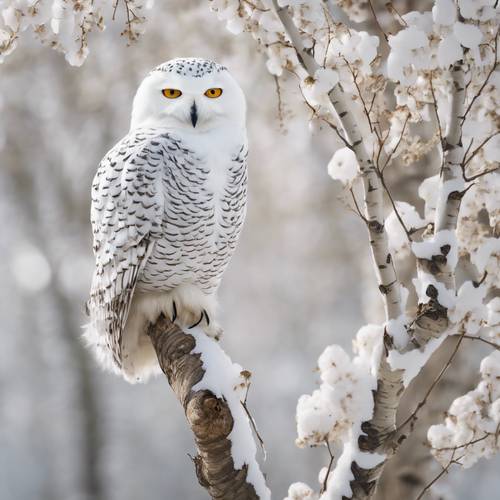 A snowy owl perched on a branch of a white birch tree, its feathers mirroring the white blooms.