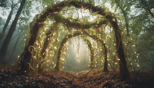 Un&#39;immagine surreale di viti luminose sospese in una foresta ultraterrena. Sfondo [db9b34c91540477bada8]