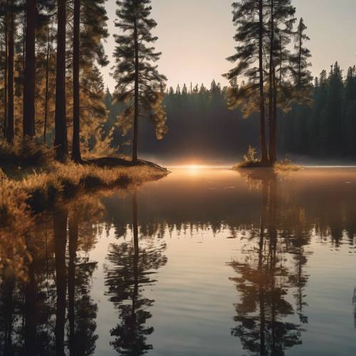 寧靜的日落倒映在清澈見底的湖水里，周圍環繞著高聳的松樹。
