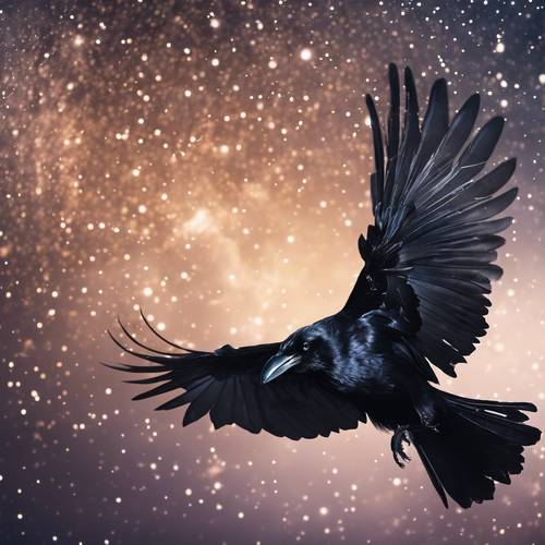 Corvo nero che vola sopra un cielo stellato astratto con comete che sfrecciano intorno.