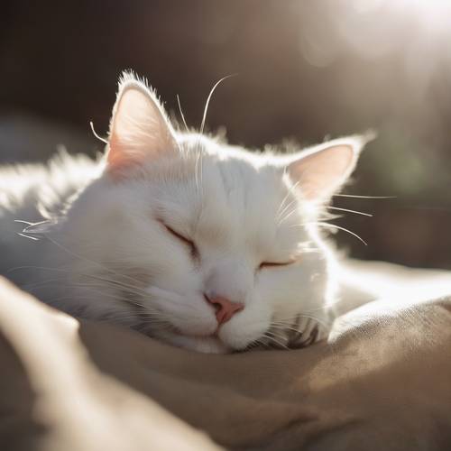 Eine uralt aussehende weiß-schwarze Katze, die an einem faulen Nachmittag tief und fest in einem Sonnenstrahl schläft.