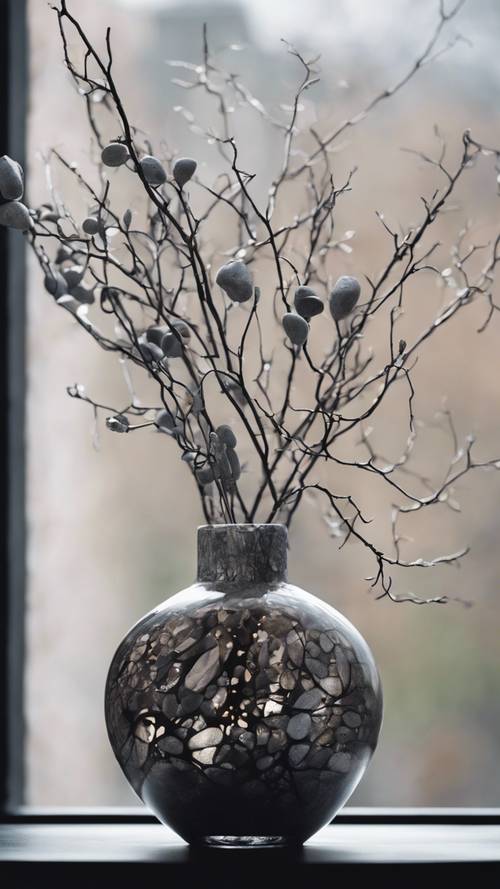 Ein Stillleben einer Vase mit kunstvoll arrangierten Zweigen und Kieselsteinen in verschiedenen Grautönen am Boden.