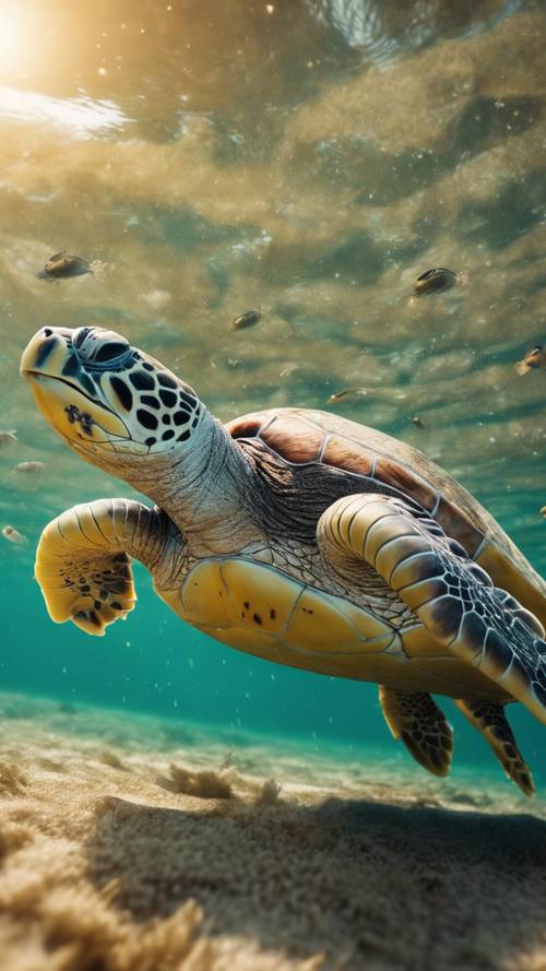 A playful sea turtle chasing a school of silverfish.
