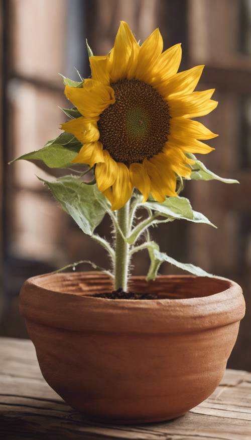 A still life of a single sunflower in a rustic terracotta pot on a wooden table.