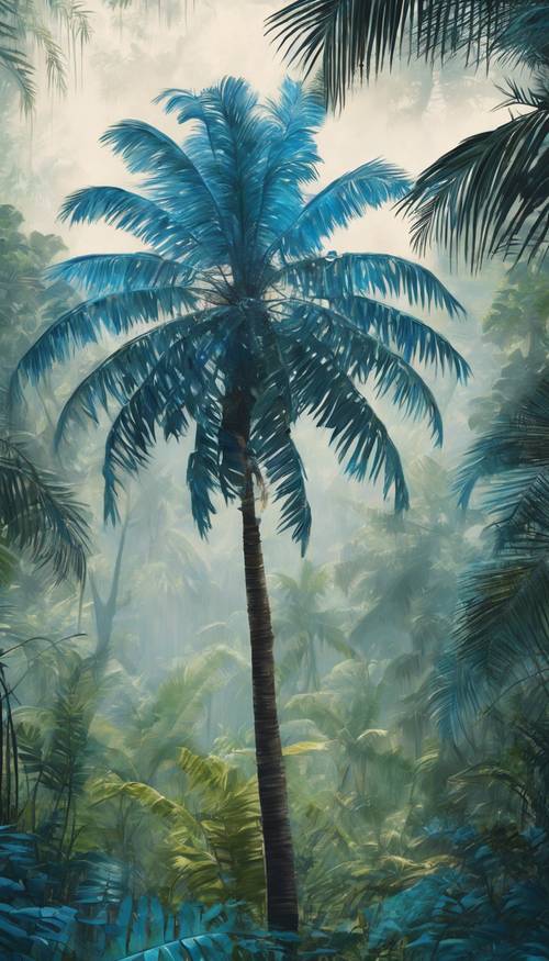 Lukisan yang menggambarkan pohon palem berwarna biru di tengah hutan tropis saat musim hujan.