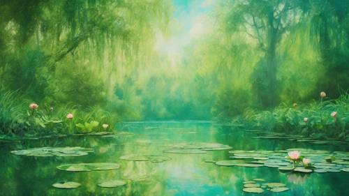 Un dipinto di paesaggio ispirato alle ninfee di Monet, con fresche tonalità verdi.