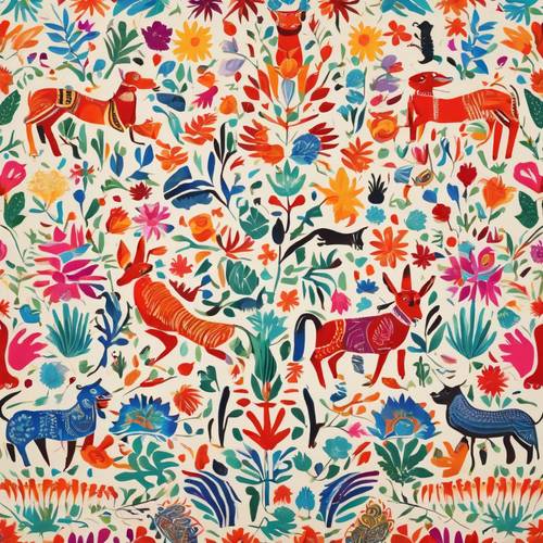 Mexikanische Otomi-Stoffmuster mit traditionellen Tiermotiven