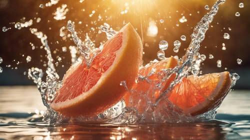 A burst of freshness with grapefruit slices splashing in water against a sunny backdrop.