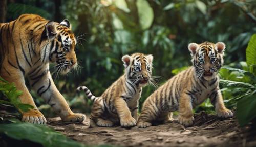 Trzy młode tygrysy bawiące się z matką w tropikalnym lesie deszczowym.