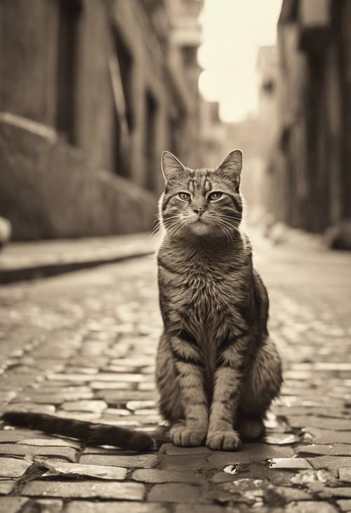 Uma fotografia vintage em sépia de um gato de beco vasculhando uma cidade de rua secundária.