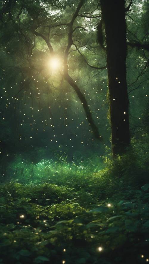 A tranquil forest scene at twilight, with fireflies lighting up the deep-green foliage.