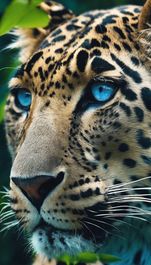 Nahaufnahme des Gesichts eines Blauen Leoparden, der in einem lebendigen Regenwald seine Beute aufmerksam beobachtet. Hintergrund [bd8aa46290344517b402]
