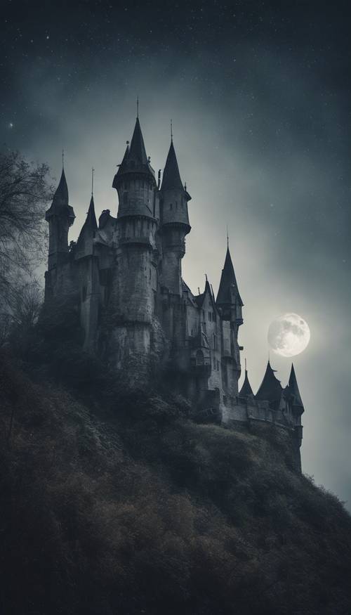 A haunted gothic castle in a misty moonlit night.