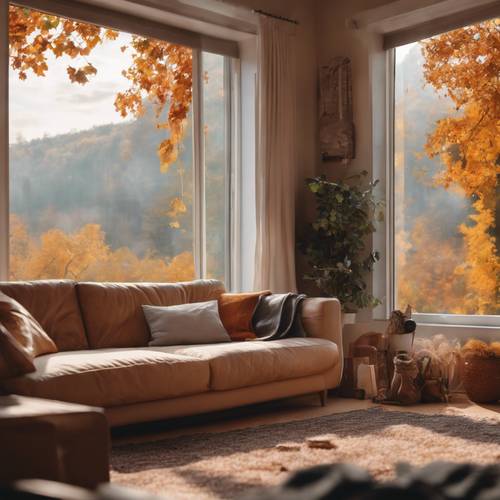 Ruang tamu yang hangat dan nyaman, dengan jendela yang menampilkan warna musim gugur yang indah di luar.