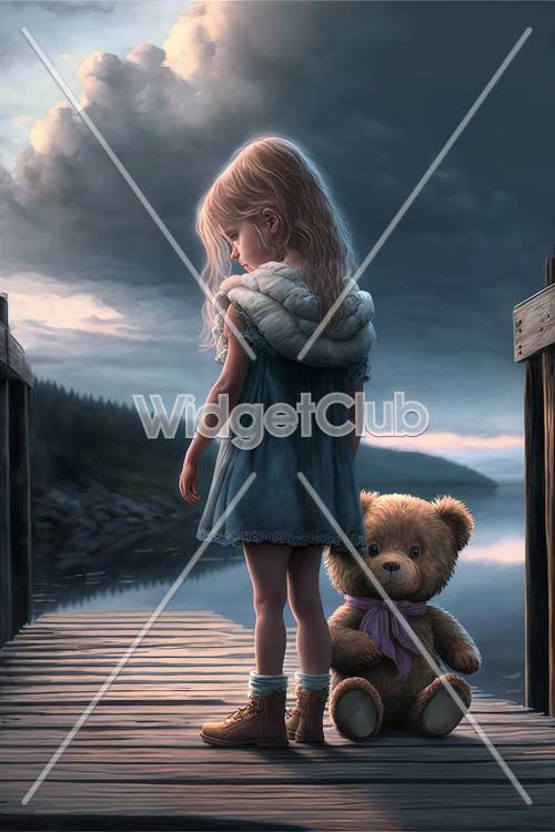 เด็กหญิงและตุ๊กตาหมีชมพระอาทิตย์ตกริมทะเลสาบ