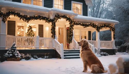 Una escena navideña clásica de una casa preppy cubierta de nieve, con un golden retriever sentado en el porche.